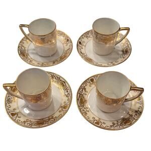 8 Piece Vintage Nippon Hand Painted Tea Cup & Saucer Set  - White /Gold